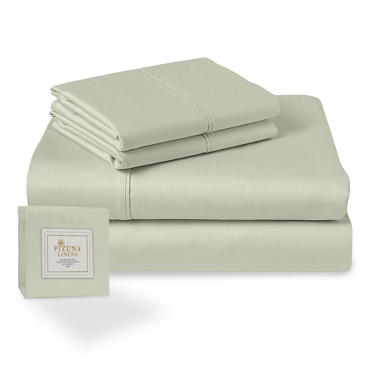 Pizuna 400 Thread Count Cotton 4 Piece Bed Sheet Set Light Sage, 100% Long Staple Cotton Soft Satin Full Sheet Set- 1 Fitted Sheet, 1 Flat Sheet & 2 Pillow Cases (100% Cotton full Bed Sheet Set)