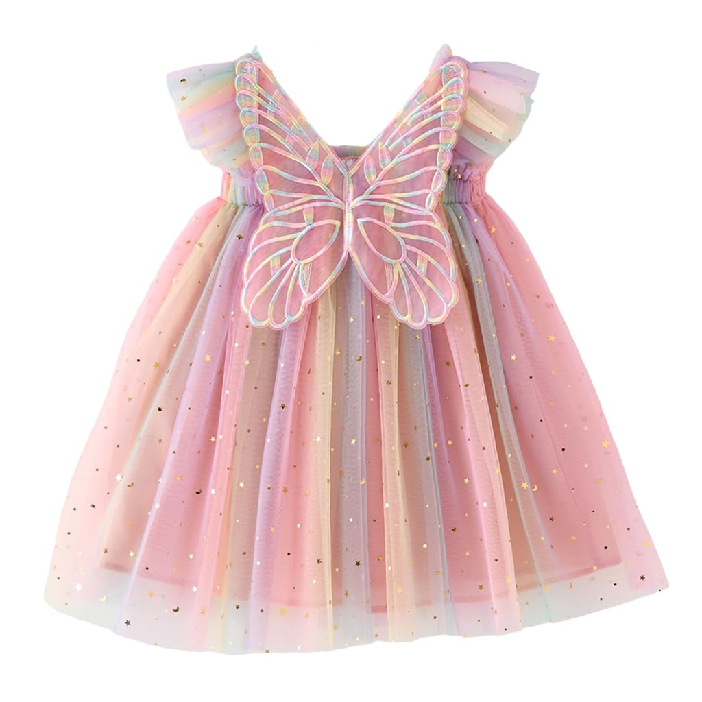 Baby Girl Butterfly Wings Dress Toddler Girl Rainbow Stars Sequins Tulle Dress Princess Party Dress Puffy Dresses for 0-4Years