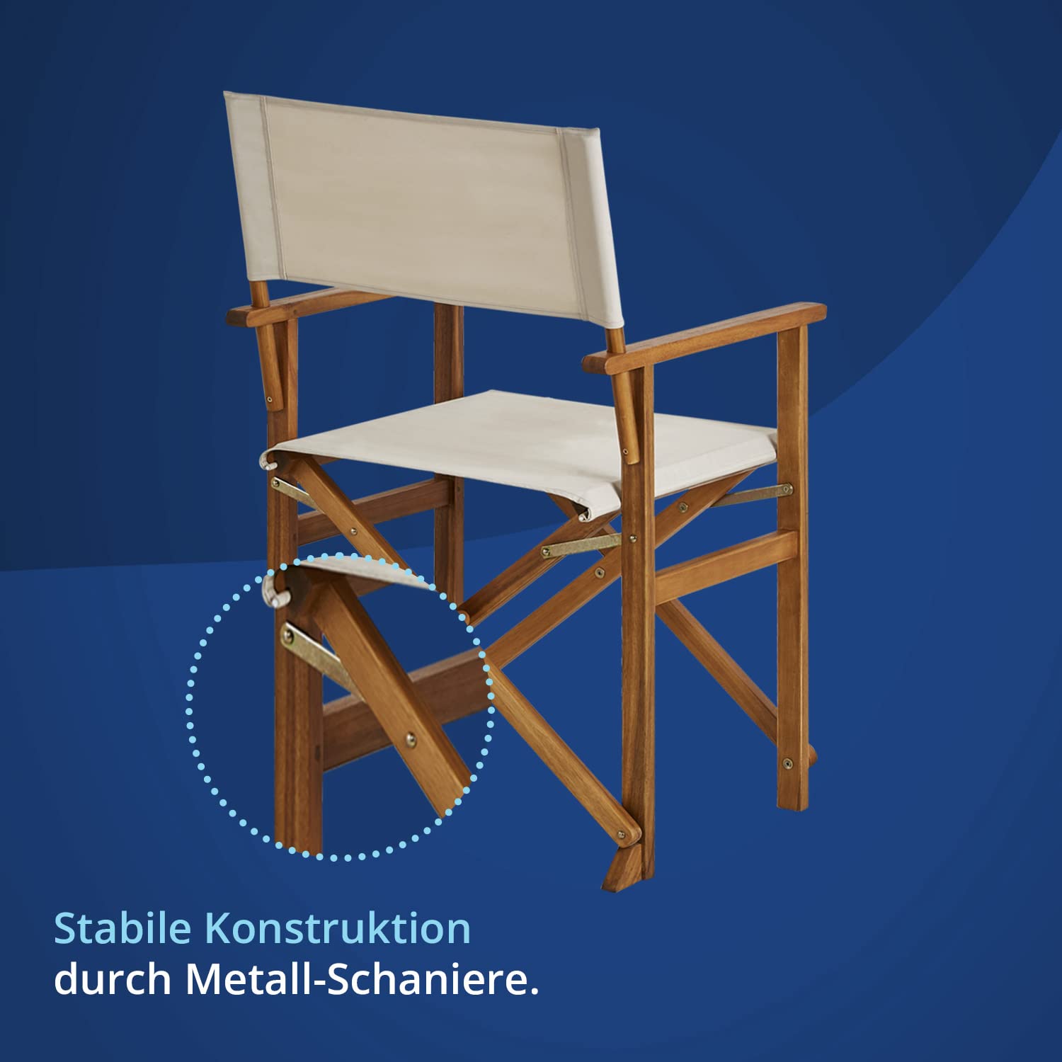 KHG Balkonstuhl 2er Set aus echtem Akazienholz geölt Regiestuhl mit Armlehnen 100% Polyesterbezug in Creme, wetterfest, platzsparend klappbar, 120kg belastbar