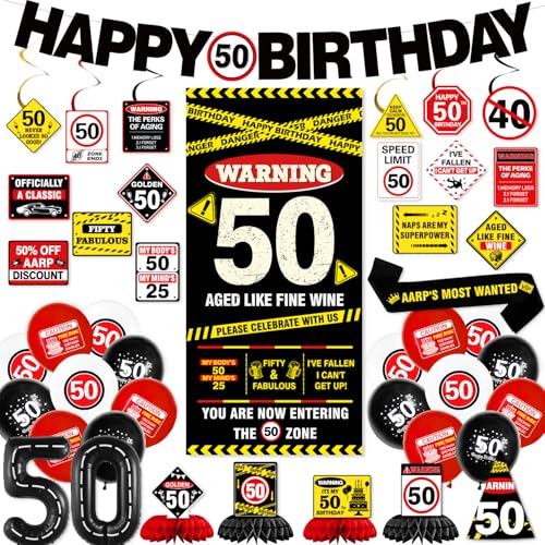 KimaruLZ 50th Birthday Decorations for Men Women, Caution Happy 50th Birthday Party Supplies Decor with Backdrop, Banner, Balloons, Centerpieces, Hanging Swirls, Wall Signs, Sash, Hat
