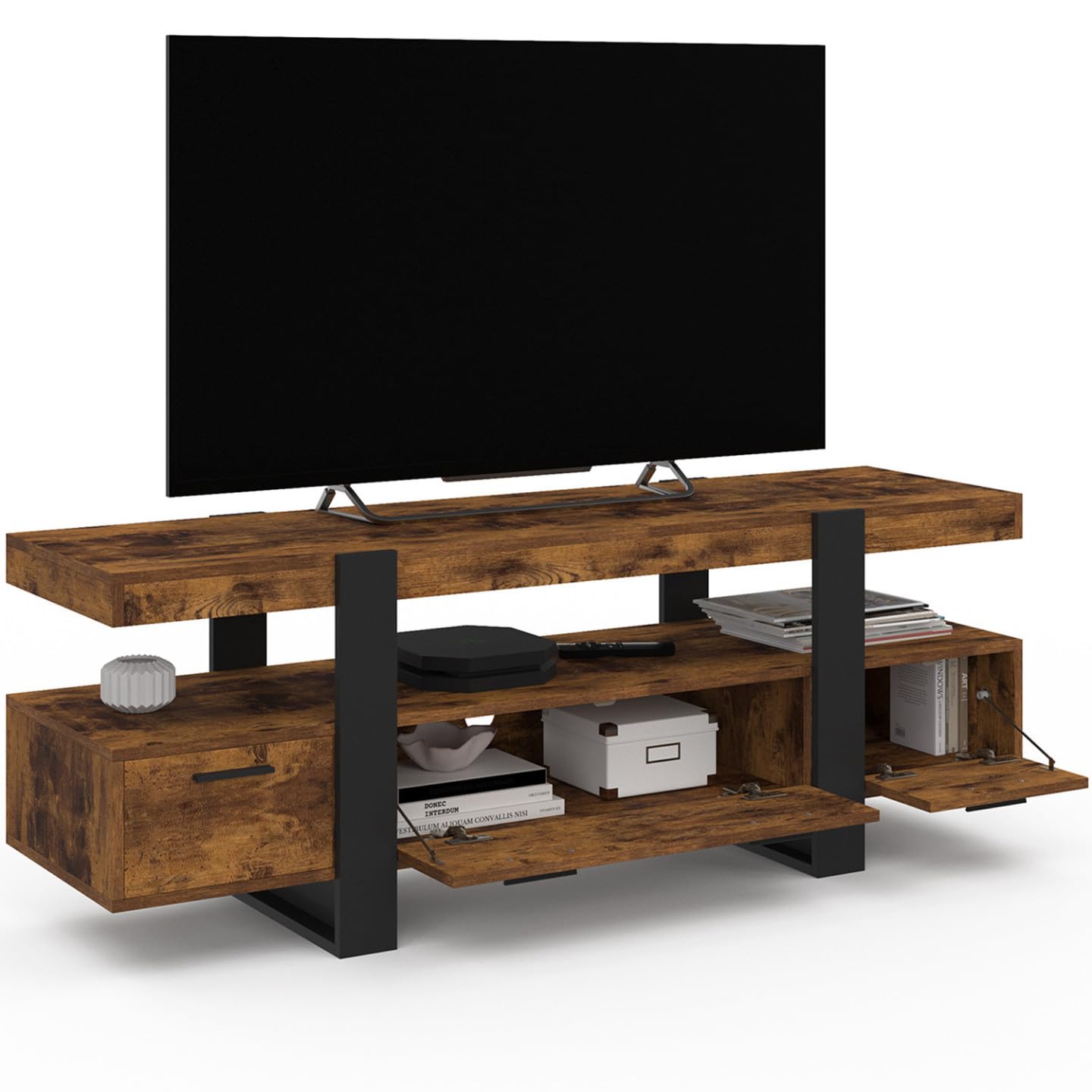 IDMarket - Porta TV PHOENIX 140 cm con legno effetto invecchiato e cassetti neri