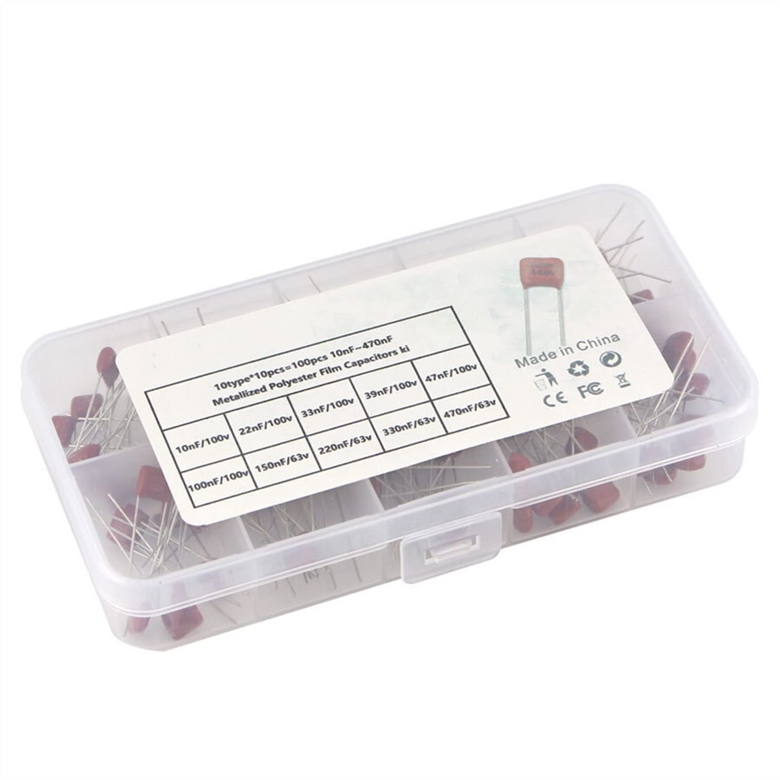 Accesorios electrónicos Condensadores 100 unids/lote 10nF ~ 470nF condensadores de película de poliéster metalizado Kit surtido muestras de alta precisión y estabilidad conjunto de condensadores CBB D