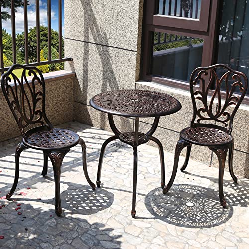 Review de Sillas metalicas jardin los 10 mejores. 37 Juego de bistró de 3 piezas para patio y exteriores, mobiliario de aluminio fundido antioxidante con mesa para jardín, parque o porche delantero (marrón nuevo)