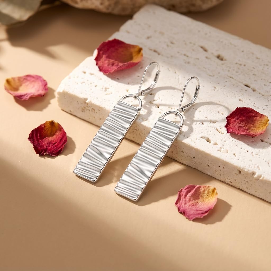 Silver Bar Dangle Earrings for Women, Lightweight Hypoallergenic Leverback Drop Earrings, Fashion Geometric Jewelry Gift for Her - Image 5