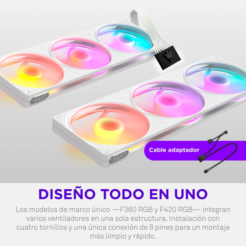 NZXT F420 RGB - Ventilador RGB PWM Marco Único 420mm - Blanco | Unidad de marco único de 420mm con tres ventiladores RGB PWM de 140mm. RGB vibrante y rodamiento dinámico fluido, silenciosa.