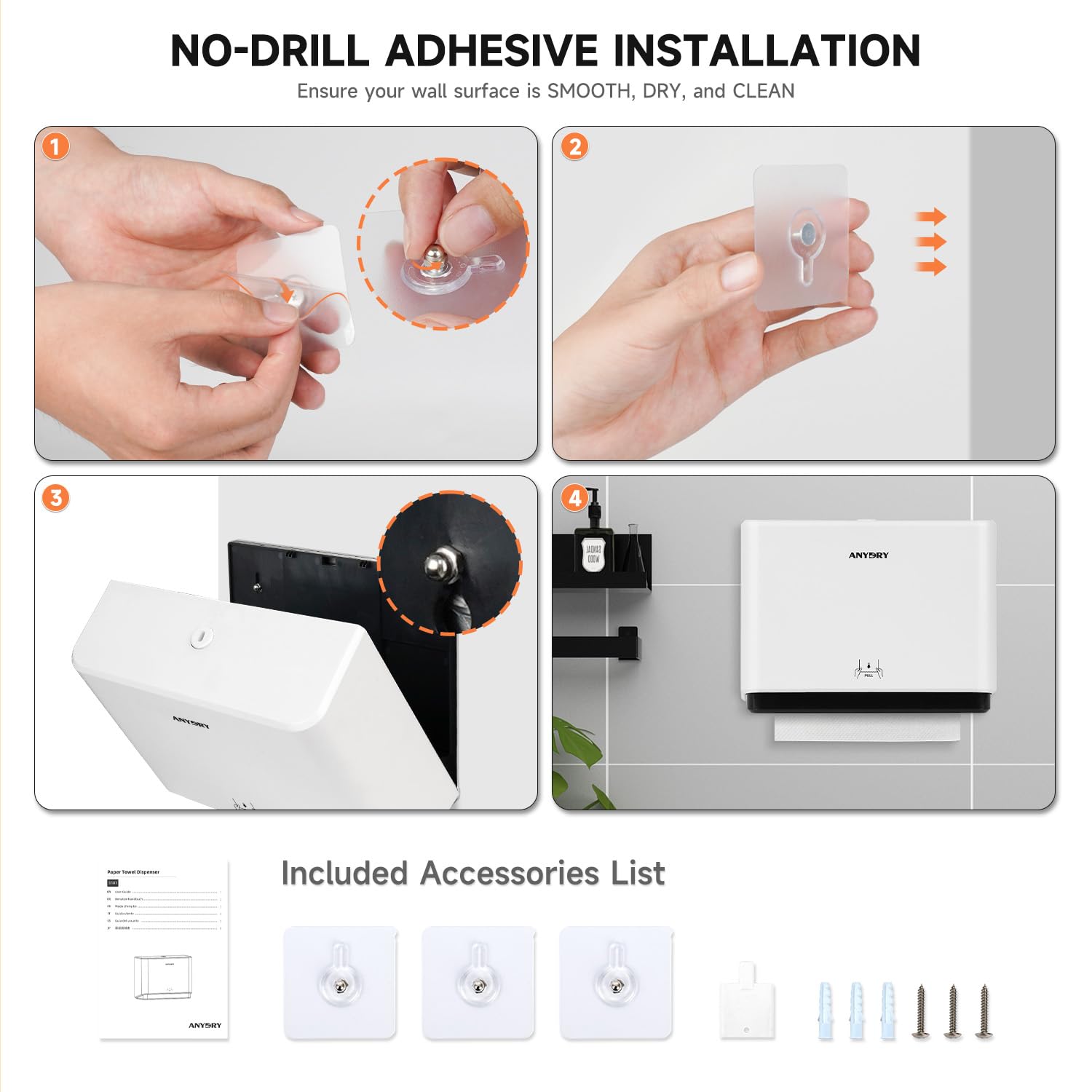 anydry Dispenser di Asciugamani con Piega a V, Compatibile con Piega a C, Adatto per Carta Piegata Dimensioni 25,4x7,9 cm, Può Contenere 200 Asciugamani di Carta, Bianco, Plastica, A Parete