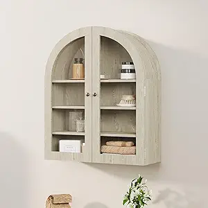 GarveeHome Small Arched Wall Cabinet with Acrylic Doors & Adjustable Shelves, Modern Natural Wood Wall-Mounted Storage Cabinet for Kitchen, Bathroom, Laundry Room, Compact & Space-Saving- Gray