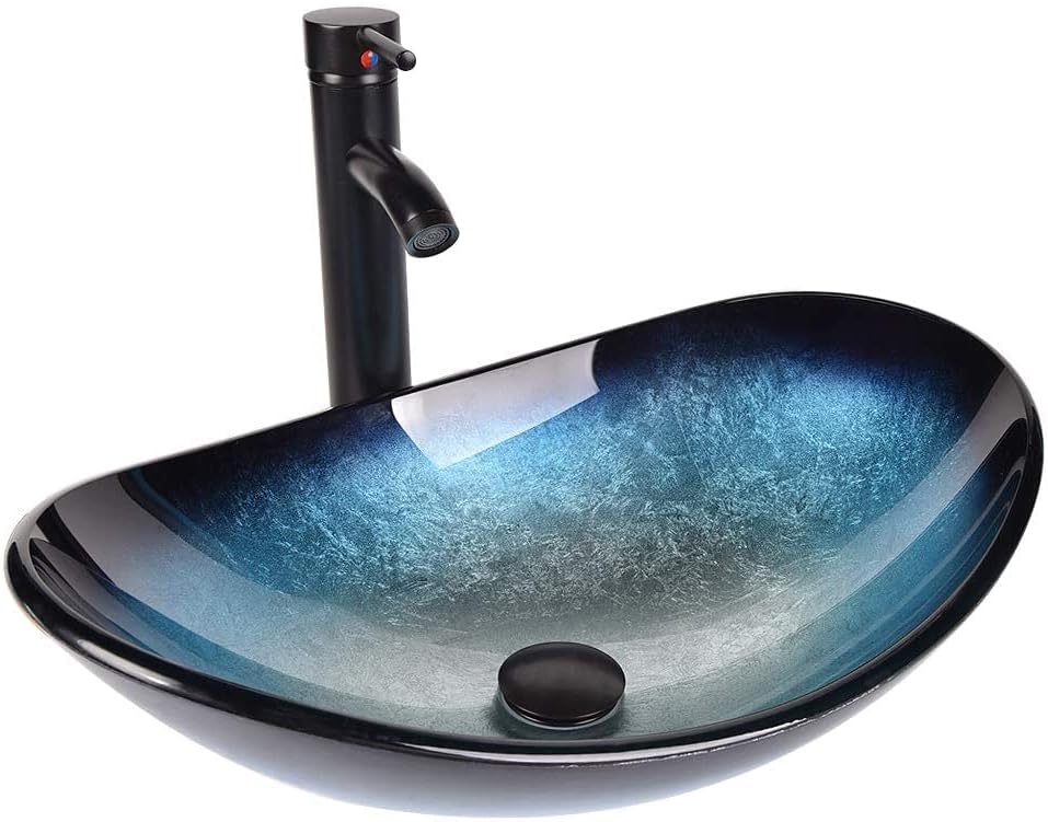 YOURLITE Bathroom Artistic Glass Vessel Sink Boat Shape Free Oil Rubbed Bronze Faucet and Pop-up Drain,Blue