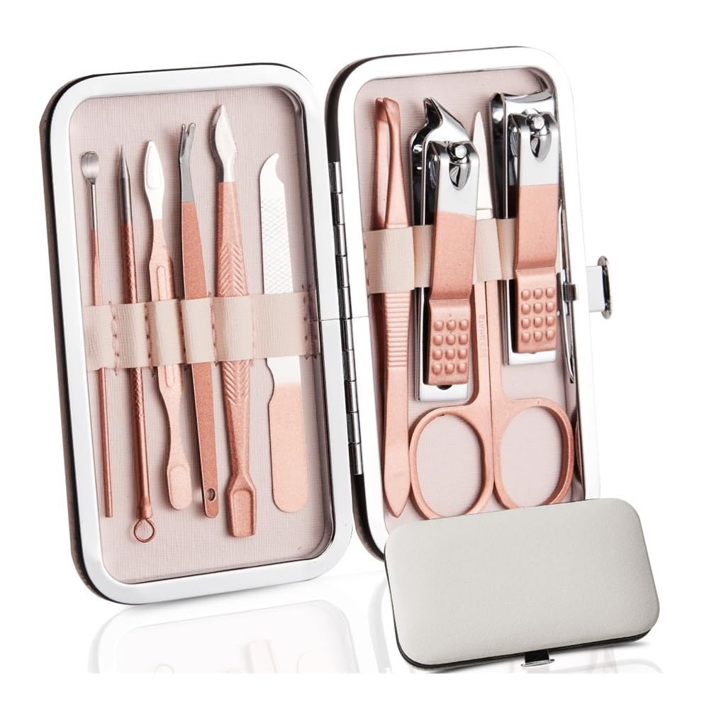 Kit Manicure 10 in 1 in Acciaio Inossidabile con Custodia in Pelle, Ideale per la Cura delle Unghie dei Piedi, Perfetto Anche in Viaggio, con tagliaunghie per Le Dita dei Piedi e per Le Mani.
