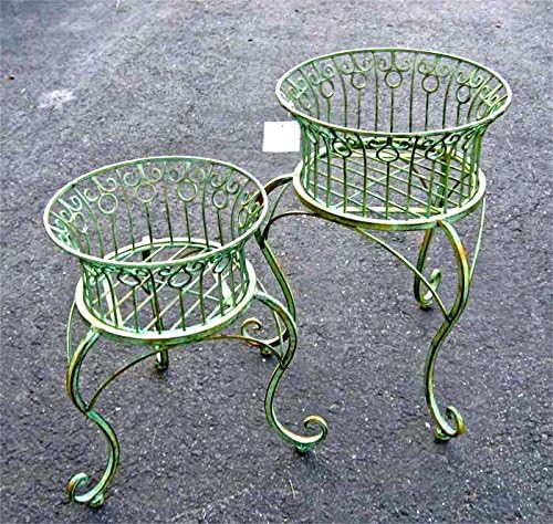 Set of 2 Plant Basket Stands,Wrought Iron Antiqued Mint Finish