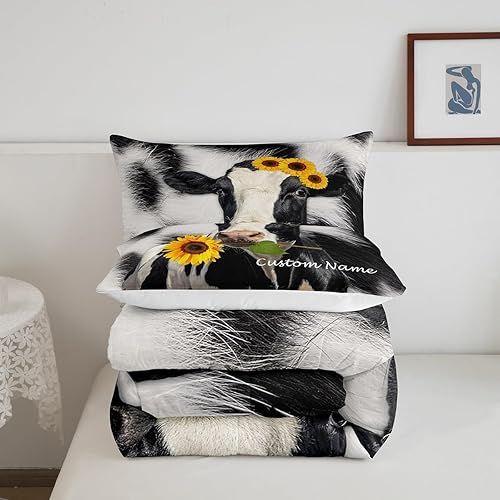 Miniatura 5 de Erosebridal Juego de edredón personalizado de vaca de las tierras altas, juego de ropa de cama con estampado de vaca negra y blanca para niños,