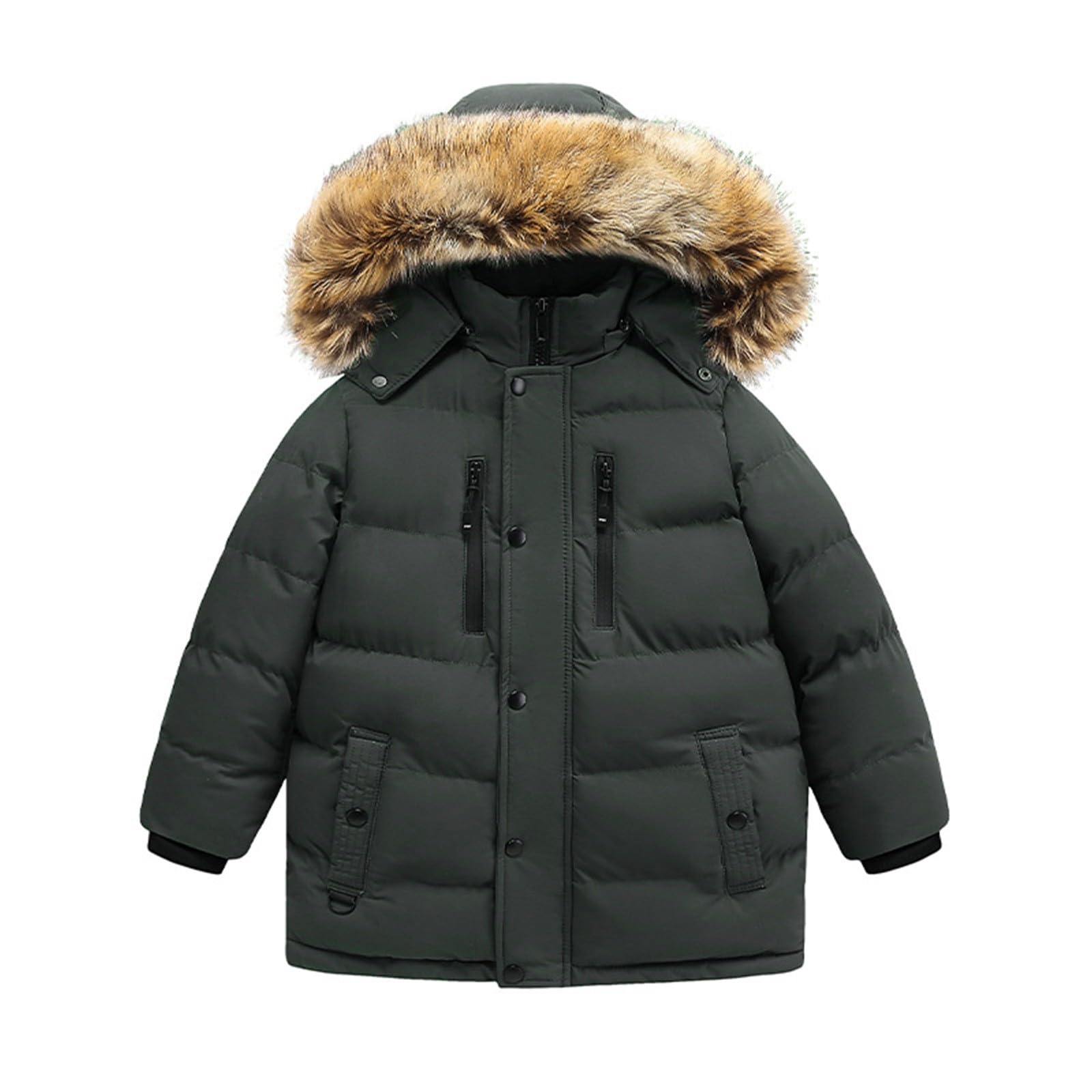 Piumino per bambini con cappuccio in pelliccia e tasche, tinta unita, giacca invernale, impermeabile, comodo, morbido, giacca a vento, giacca con cappuccio, leggera, alla moda, per attività all'aria