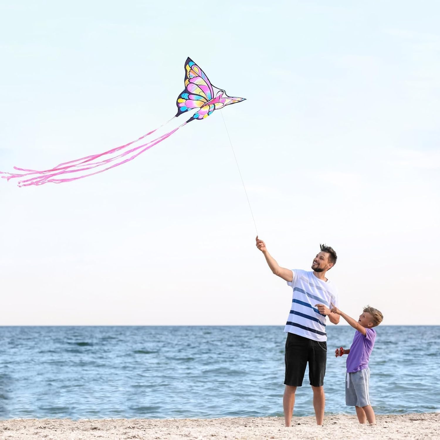 Simxkai Butterfly Kite for Kids & Adults, Easy to Fly Blue Big Kite for Beginners, Line Handle Included (1Pack 2Pack)