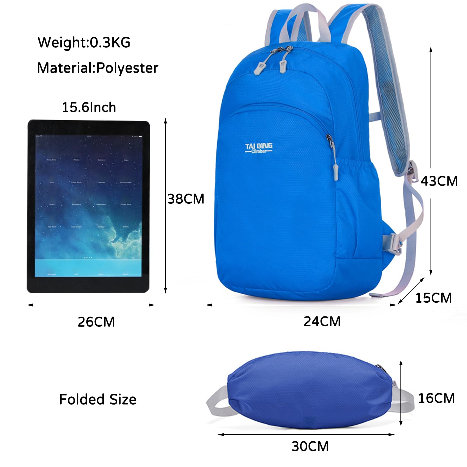 Zaino da Trekking Zaino Impermeabile Leggero Pieghevole Zaino 19L Hiking Backpack per Donna Uomo Campeggio Ciclismo Arrampicata Sport Azzurro