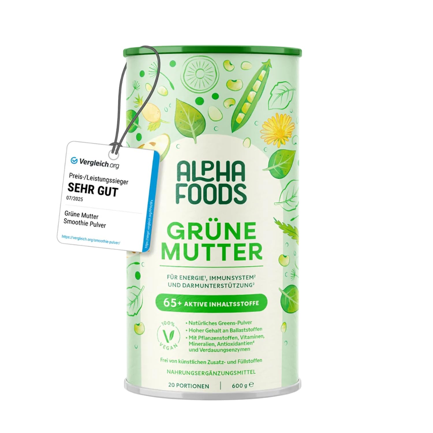 Grüne Mutter 2.0 - Das Original - Greens Shake - Akazienfaserpulver, Weizengras, Brennnessel, Mariendistel, Alfalfa, Chlorella und mehr - Smoothie Shake - 600g Pulver - Alpha Foods