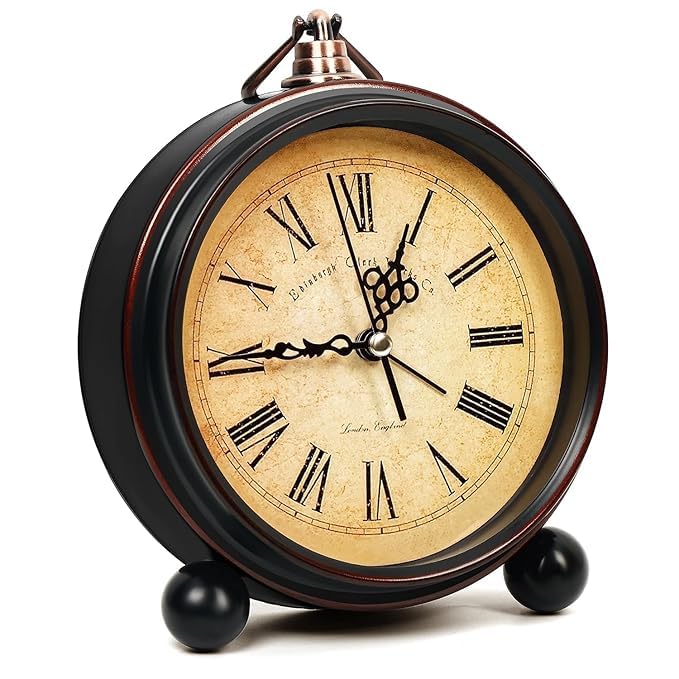 Image of Amazon Brand - Umi Vintage Roman Table Clock - Classic Metal Body with Hanging Hook, Analog Display, Battery Operated Desk Clock for Bedroom, Office & Home Decor (Brown)