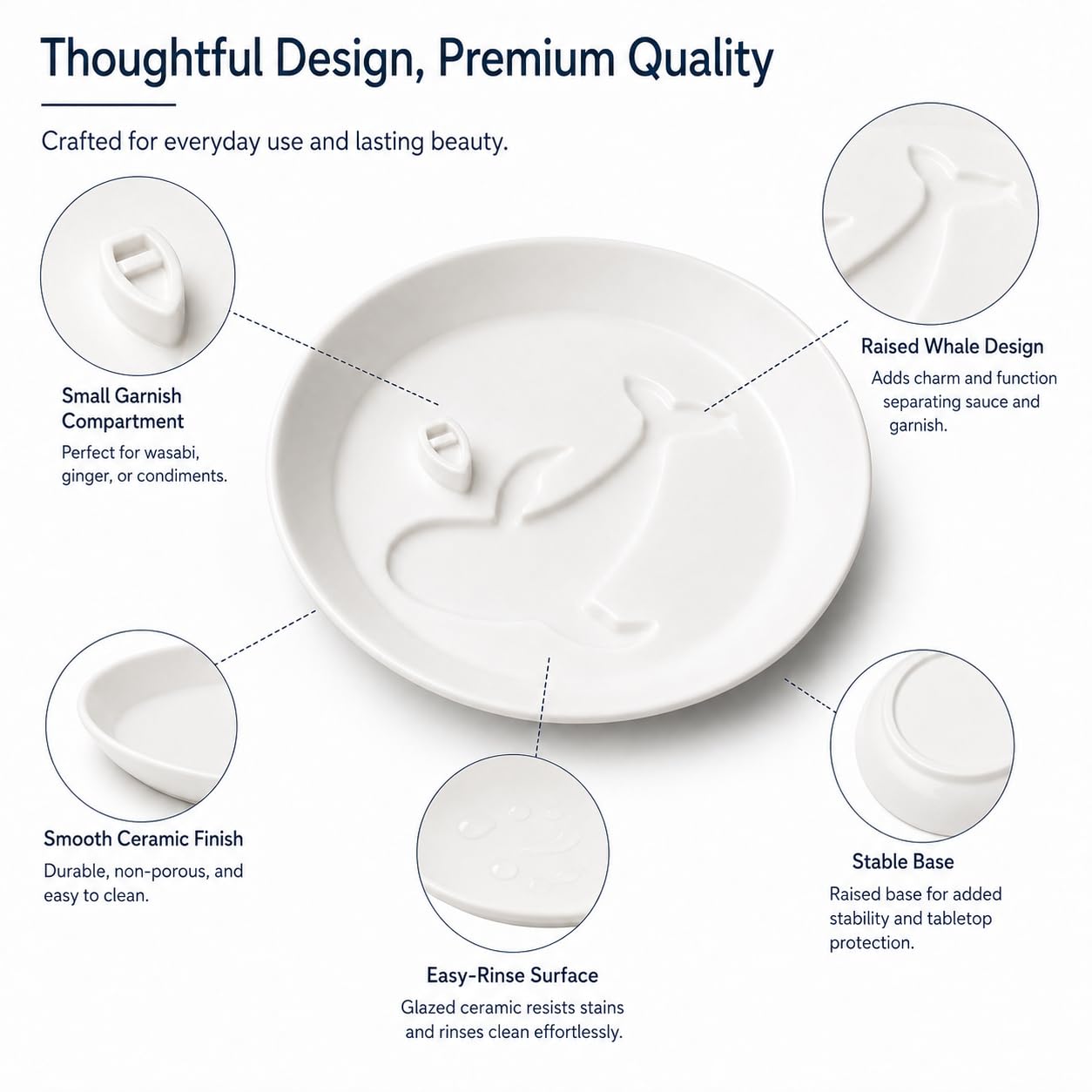 Lot de 10 plats à sauce soja en céramique blanche en forme de baleine, 15 cm pour huile d'olive, vinaigre