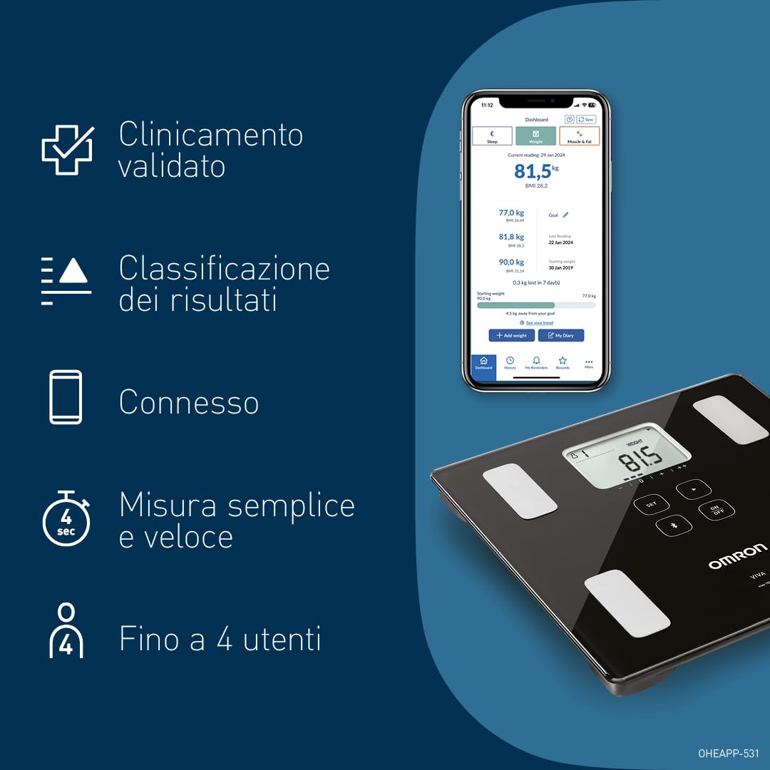 OMRON VIVA, bilancia pesapersone digitale per misurare peso, grasso viscerale, muscoli, metabolismo, BMI con risultati precisi e sincronizzazione Bluetooth tramite app OMRON Connect