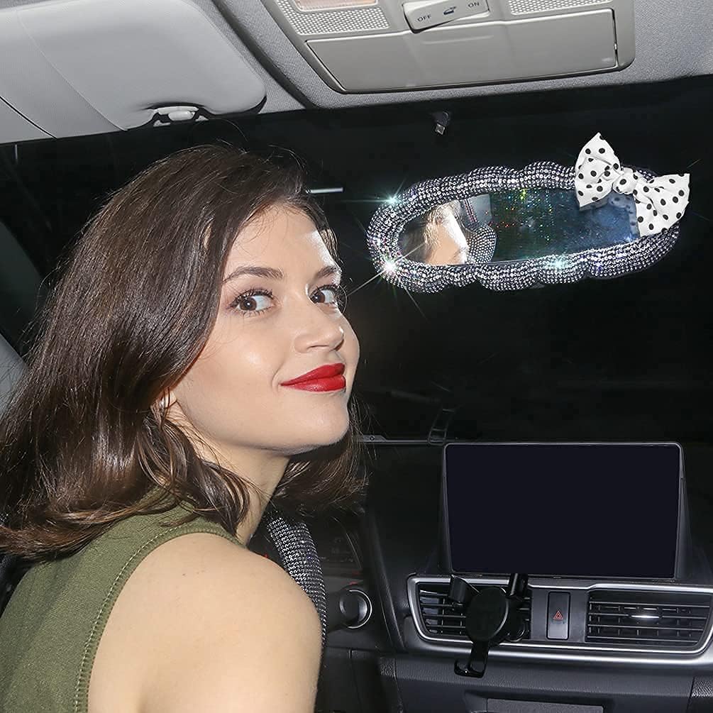 Car Accessories for Women Interior Cute Glitter Rearview Mirror Charm Decor Sparkly Crystal Rhinestone Elastic Plush Decorative Cover (White Bowknot)
