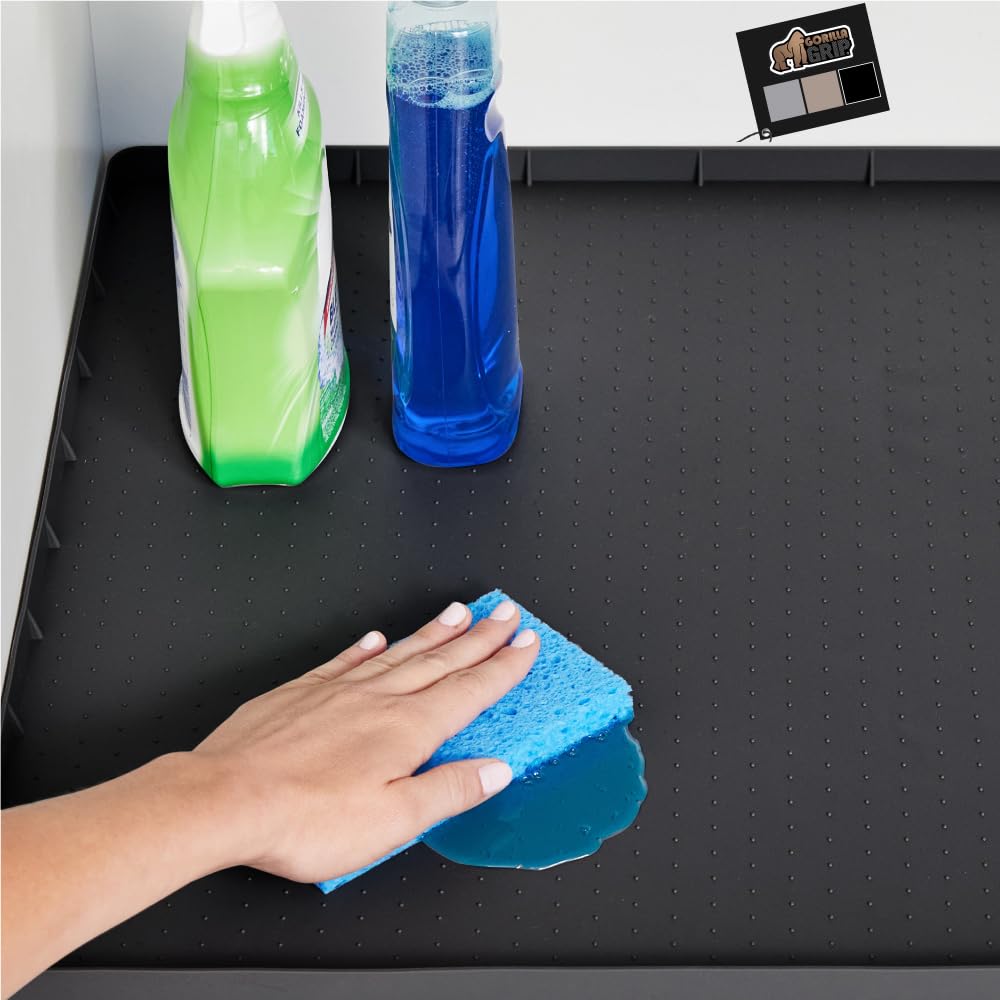 GORILLA GRIPWaterproof Silicone Under Sink Mat with Raised Lip for Kitchen and Bathroom, 34 x 22 in, Cabinet Shelf Liner Stay in Place Mats Dishwasher Safe Drawer Liner, Organizer Tray, Black