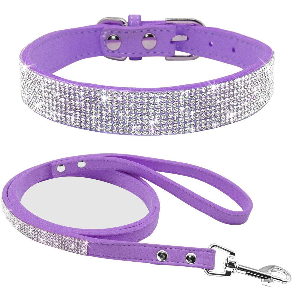 haoyueer Cute Dazzling Sparkling Elegant Fancy Soft Suede Leather Bling Rhinestone Crystal Jeweled Pet Cat Dog Puppy Collar Dog Leash Combo Set (XS, Pink-1) — view 47