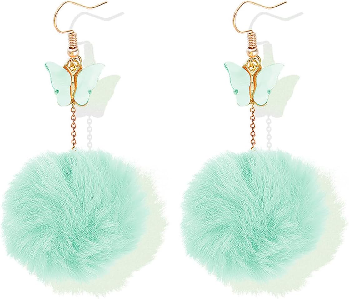Butterfly Pom Pom Earring for Women Faux Fur Fluffy Tassel Drop Dangle Earrings For Winter Cute Christmas Jewelry Stocking Stuffers