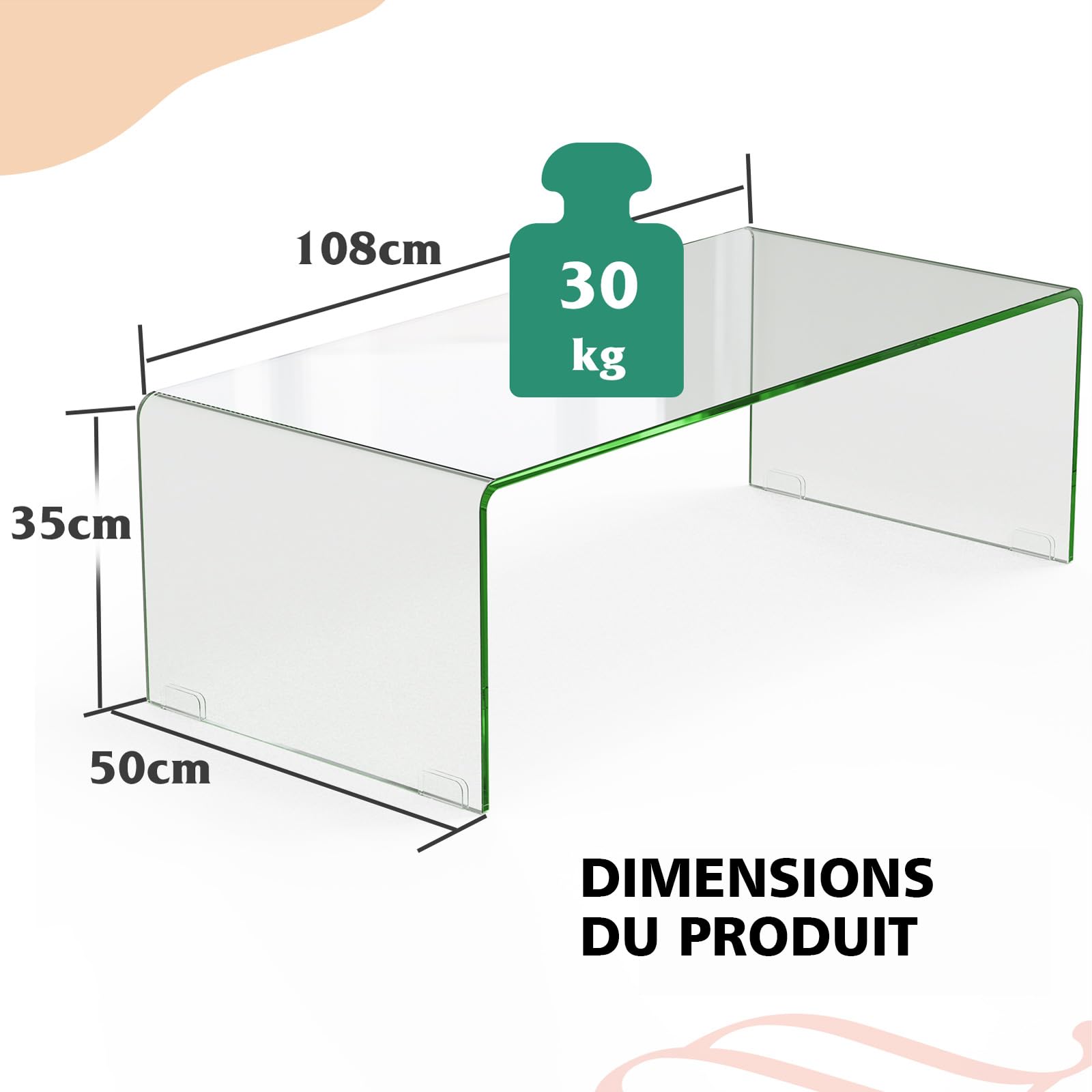 COSTWAY Table Basse/ d’Appoint en Verre Trempé Rectangulaire Forme de U avec Bords Arrondis Lisses, Table Basse Transparente Simple & Moderne pour Salon, Bureau, Hôtel