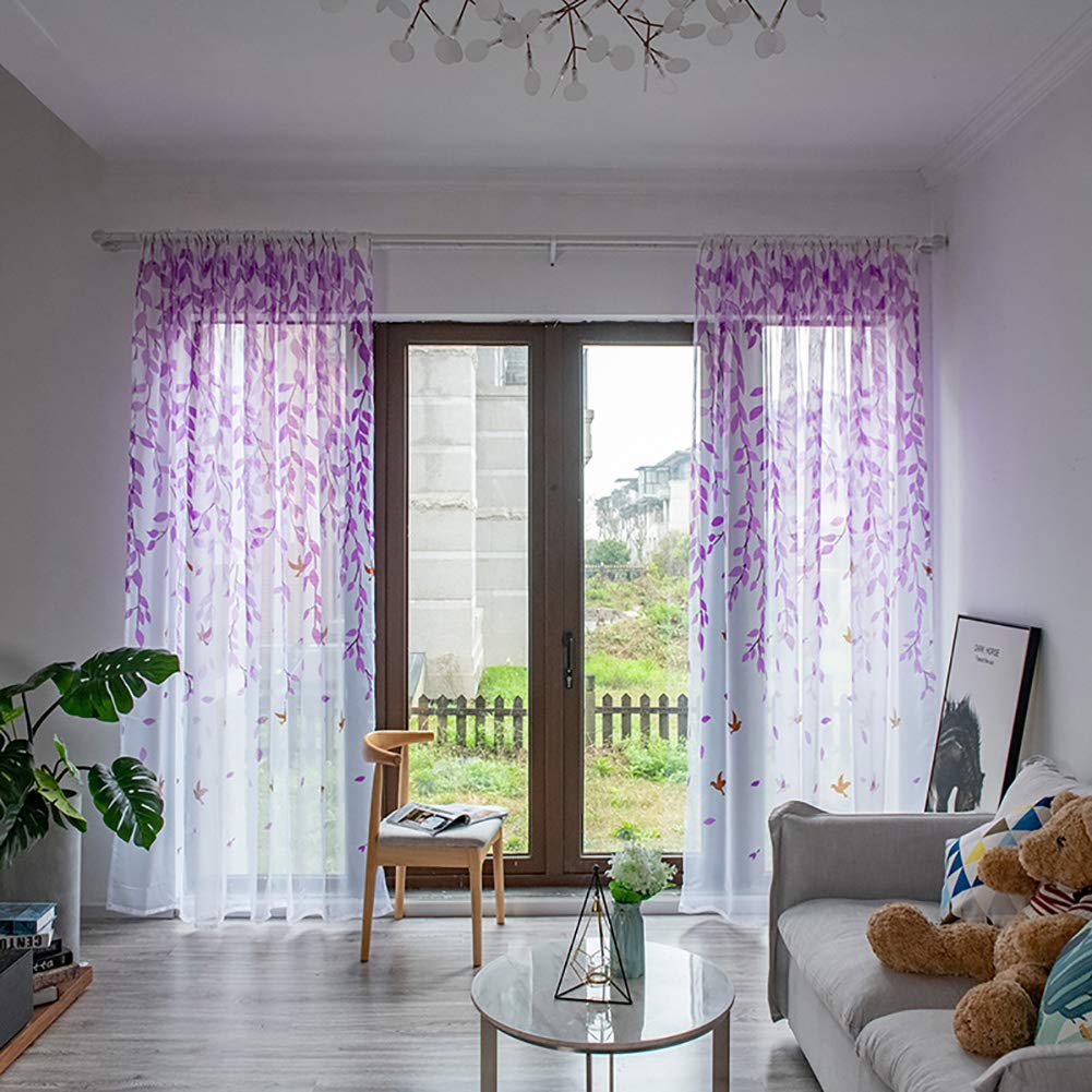 BOYOUTH Swallows and Willow Branches Printed Voile Sheer Curtains,Rod Pockets Window Drapes for Bedroom,Living Room,Purple,2 Panels,39 x 78 Inches