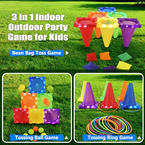 VATOS Light Up Bean Bag Toss Garden Game Toys for Kids, 3 In 1 Ball & Ring & Bean Bag Toss Game Play Set - Image 3