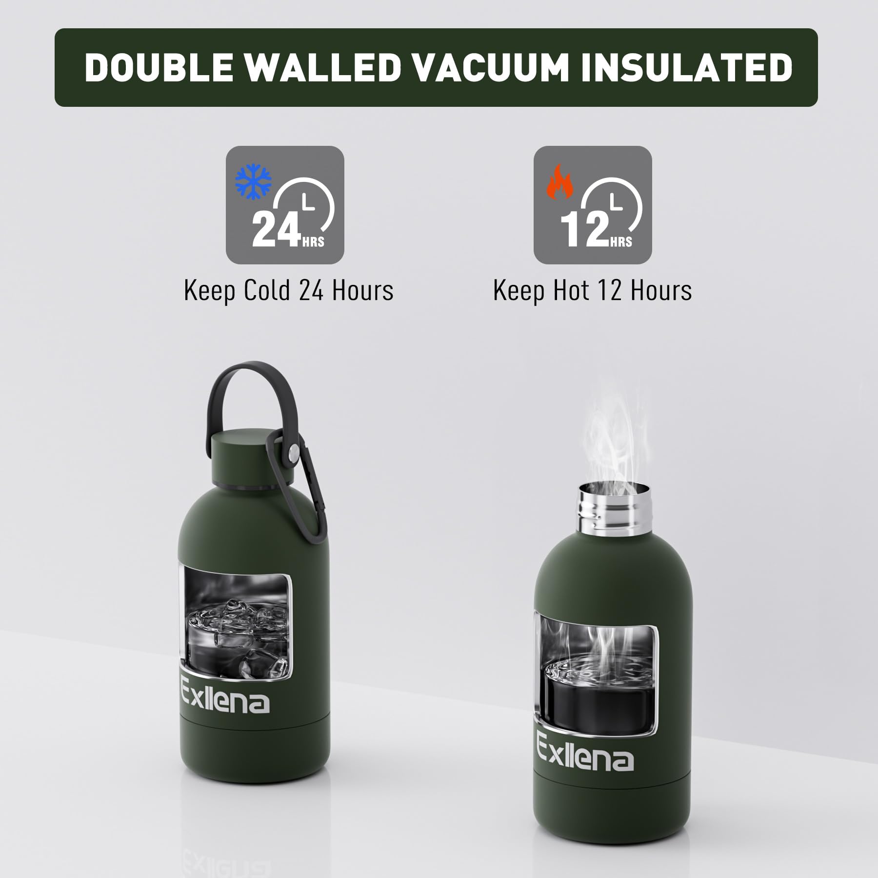 Exllena Borraccia Termica Piccola 350ml con Maniglia e Moschettone - Mini Borraccia Mantenere Calore/Freddo - Senza BPA - 100% A Tenuta Stagna per Escursioni, Campeggio, Viaggi...(Verde Pino)