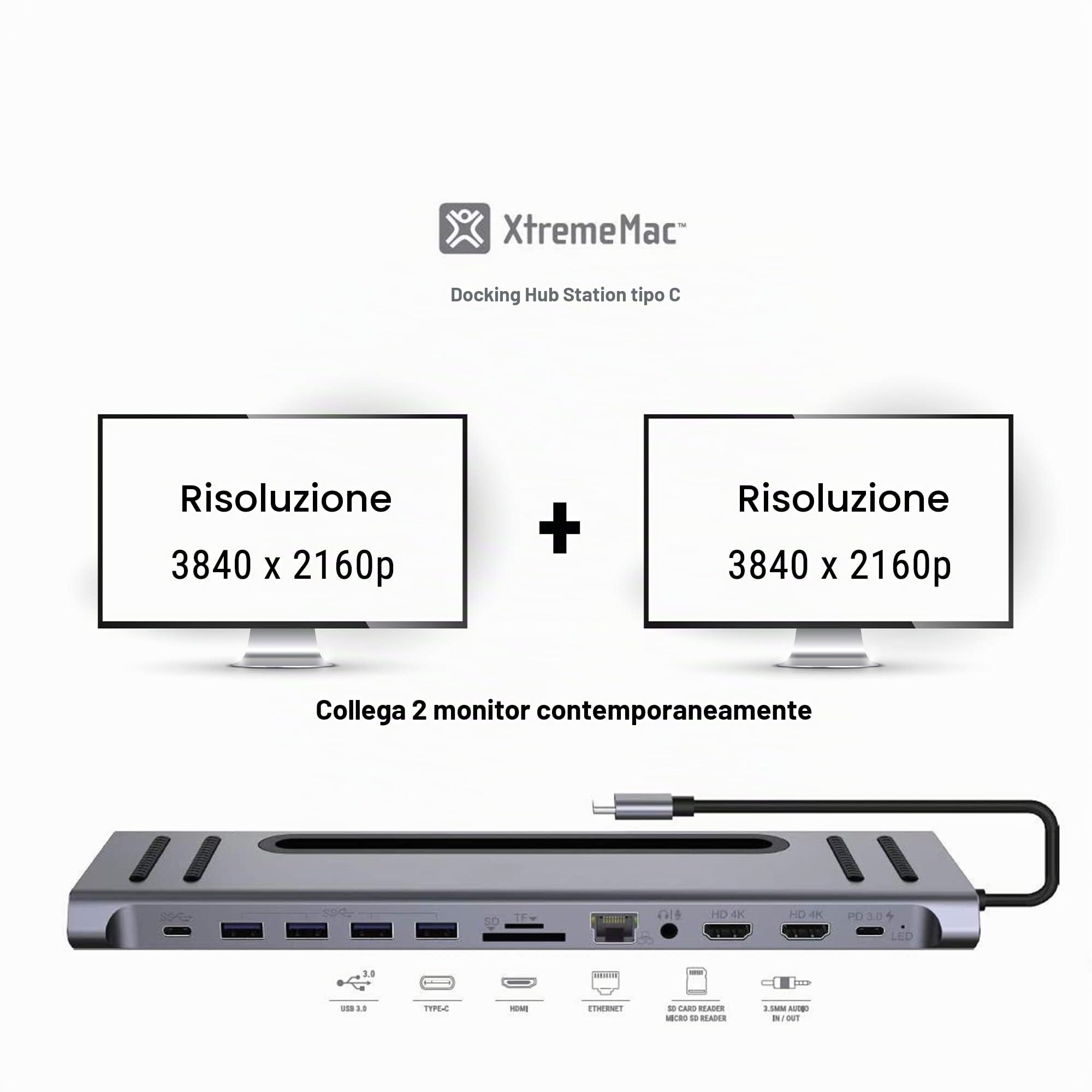 XtremeMac Premium Docking Station Adattatore 12-in-1 USB C, stazione deTipo C per MacBook e Laptop: Ethernet, 4x USB 3.0, 2x USB-C PD, 2x 4K HDMI, Micro Audio, SD / TF Card Reader