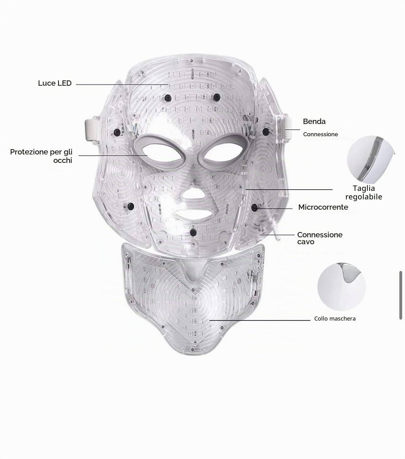 Maschera LED per il Viso, Collo, Décolleté, 7 Colori, Terapia della Luce, Trattamento Facciale per il Ringiovanimento e Cura della Pelle