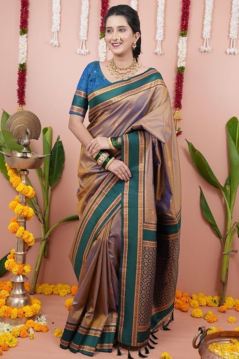Image of Dharmavaram Pattu Paithani Saree Pure Silk Zari Weaving Floral Border Rich Pallu With Blouse Piece
