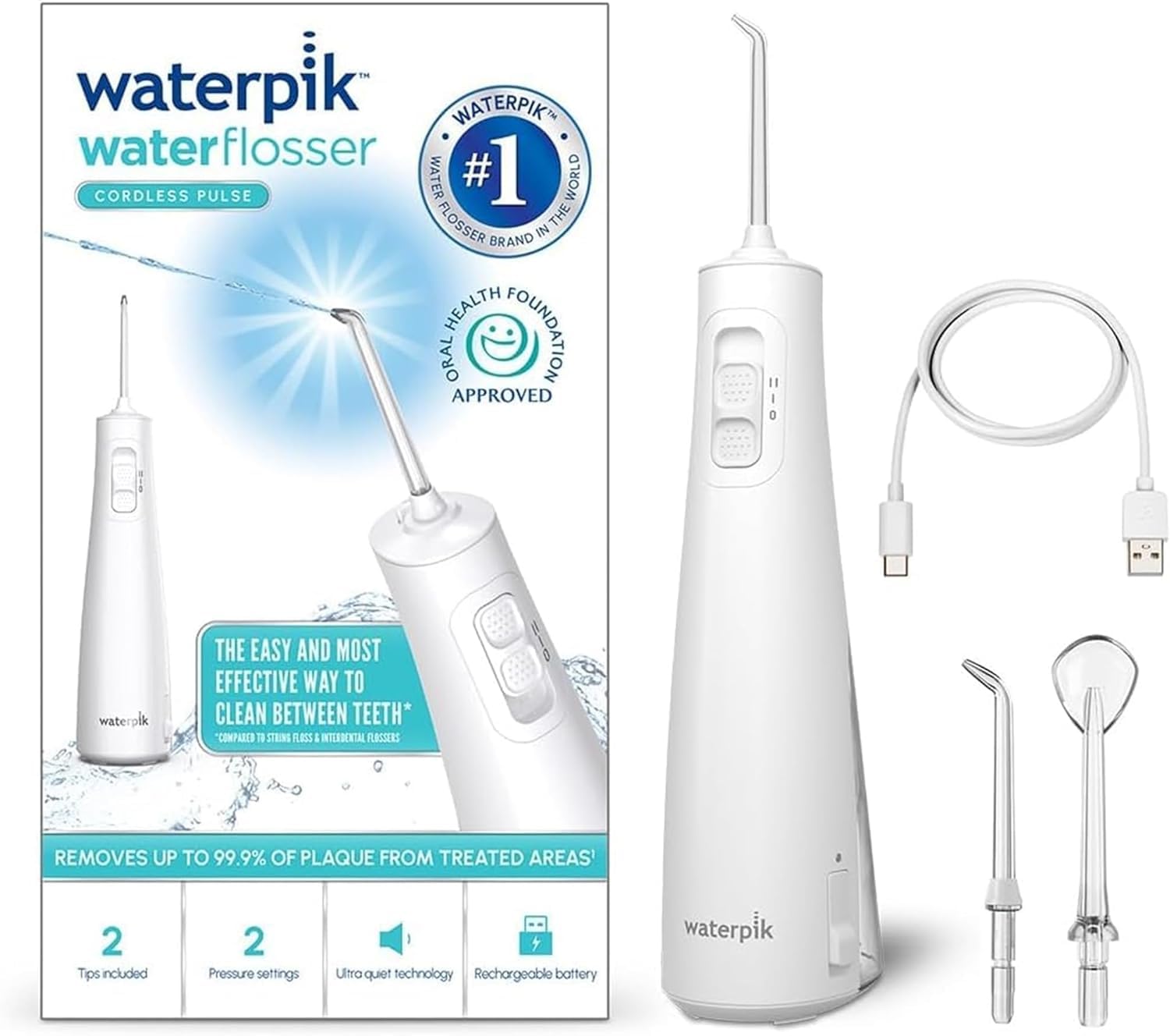 Waterpik Impuls WF-20, bezprzewodowy opryskiwacz, zalecany przez UFSBD, jednorazowy strumień dentystyczny, eliminuje płytkę nazębną, 2 poziomy ciśnienia, 45 sekund czyszczenia, 2 końcówki w zestawie