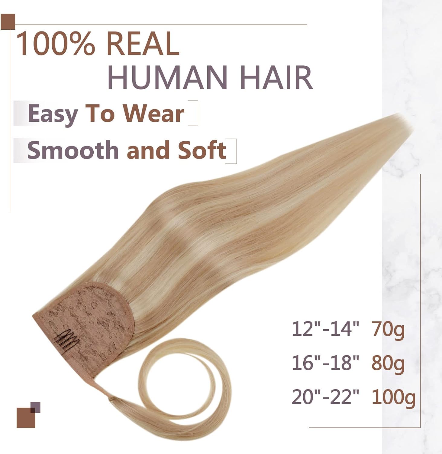 RUNATURE Pony tail Extension Human Hair Golden Blonde Highlight Human Hair Ponytail Extensions Blonde Real Hair Ponytail Extensions 14 Inch 70 Gram #16/24 - Image 4