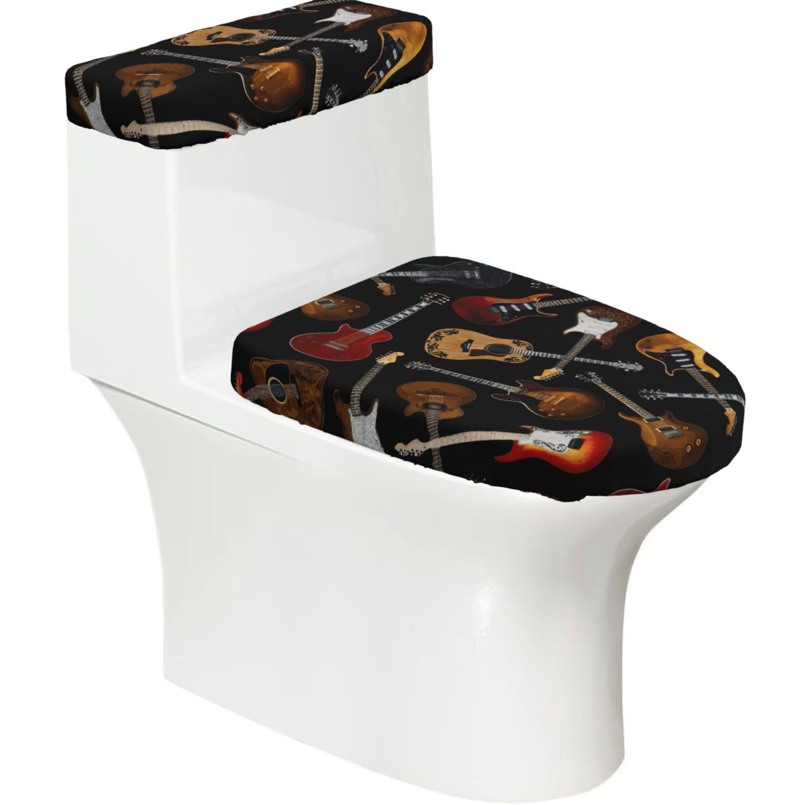 Guitars Print 2-Piece Stretch Toilet Cover Set, Elastic Breathable Toilet Seat and Tank Lid Protector