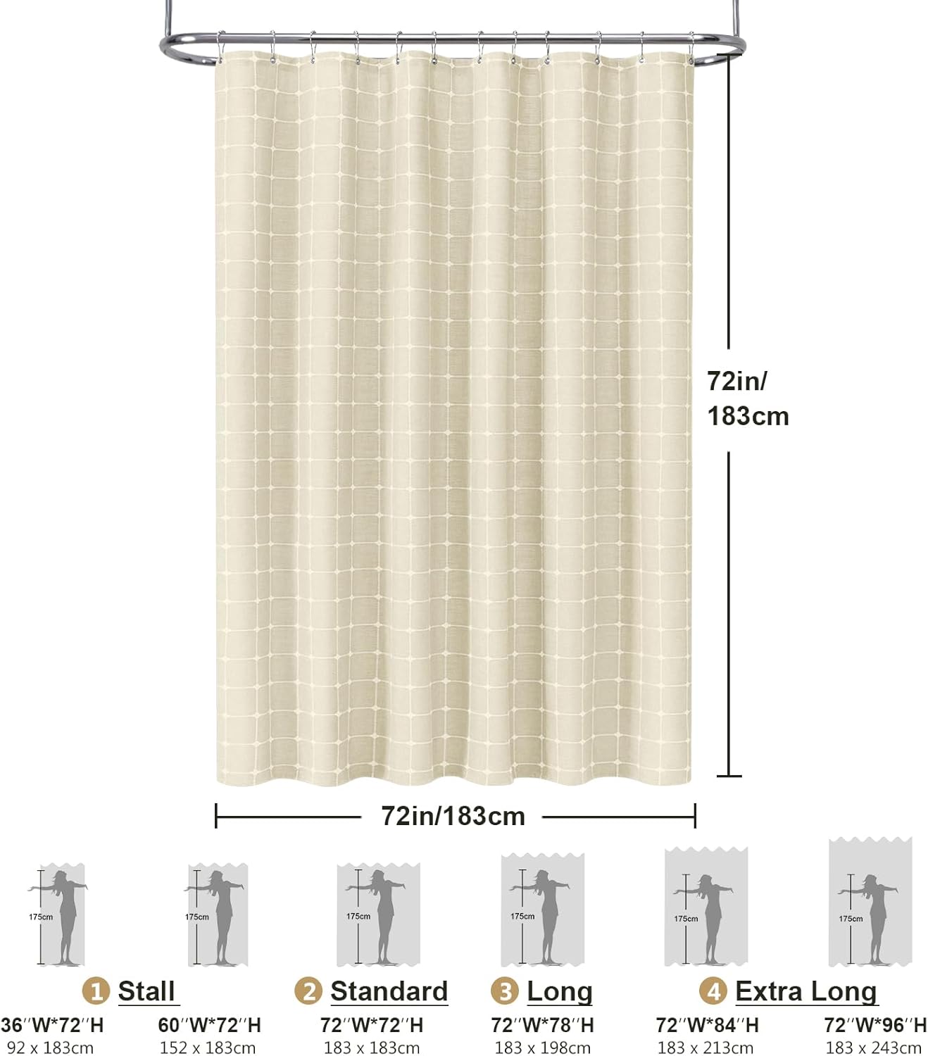 VANZAVANZU 3 in 1 Shower Curtain Set Beige, Polyester and Linen Check Shower Curtain and Liner Set with 12 Double Sided Shower Curtain Hooks, 330GSM Luxury Weighted Cloth Shower Curtains for Bathroom