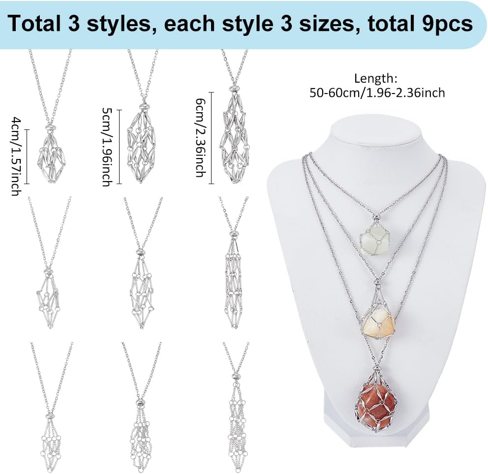 WADORN 9 Styles Crystal Cage Necklace Holder, 304 Stainless Steel Adjustable Empty Crystal Stone Holder Necklace Stone Metal Pendant Chain for Women Jewelry Making DIY Crafts, 20-24 Inch Long image 2