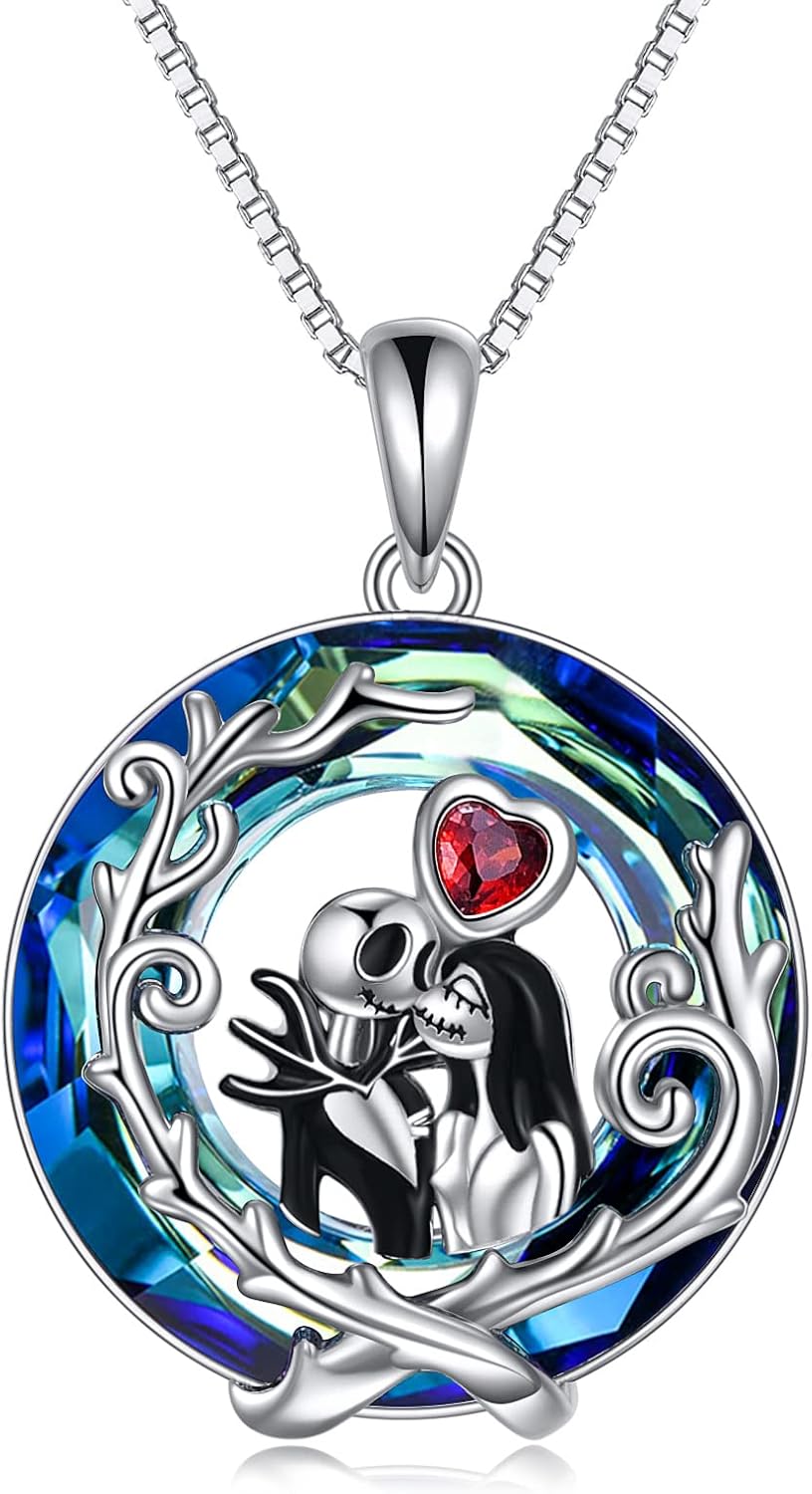 LILALO Nightmare Necklace Sterling Silver Crystal Jack and Sally Necklace Skull Necklaces Birthday Christmas Gifts
