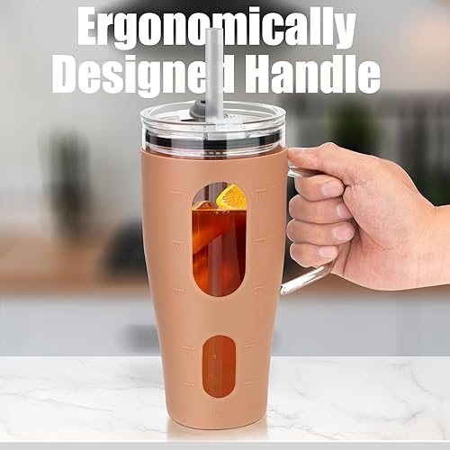 Miniatura 7 de Sursip Vaso de vidrio de 40 onzas con asa, botellas de agua de vidrio con tapa y popote, taza de café helado reutilizable con funda de silicona,
