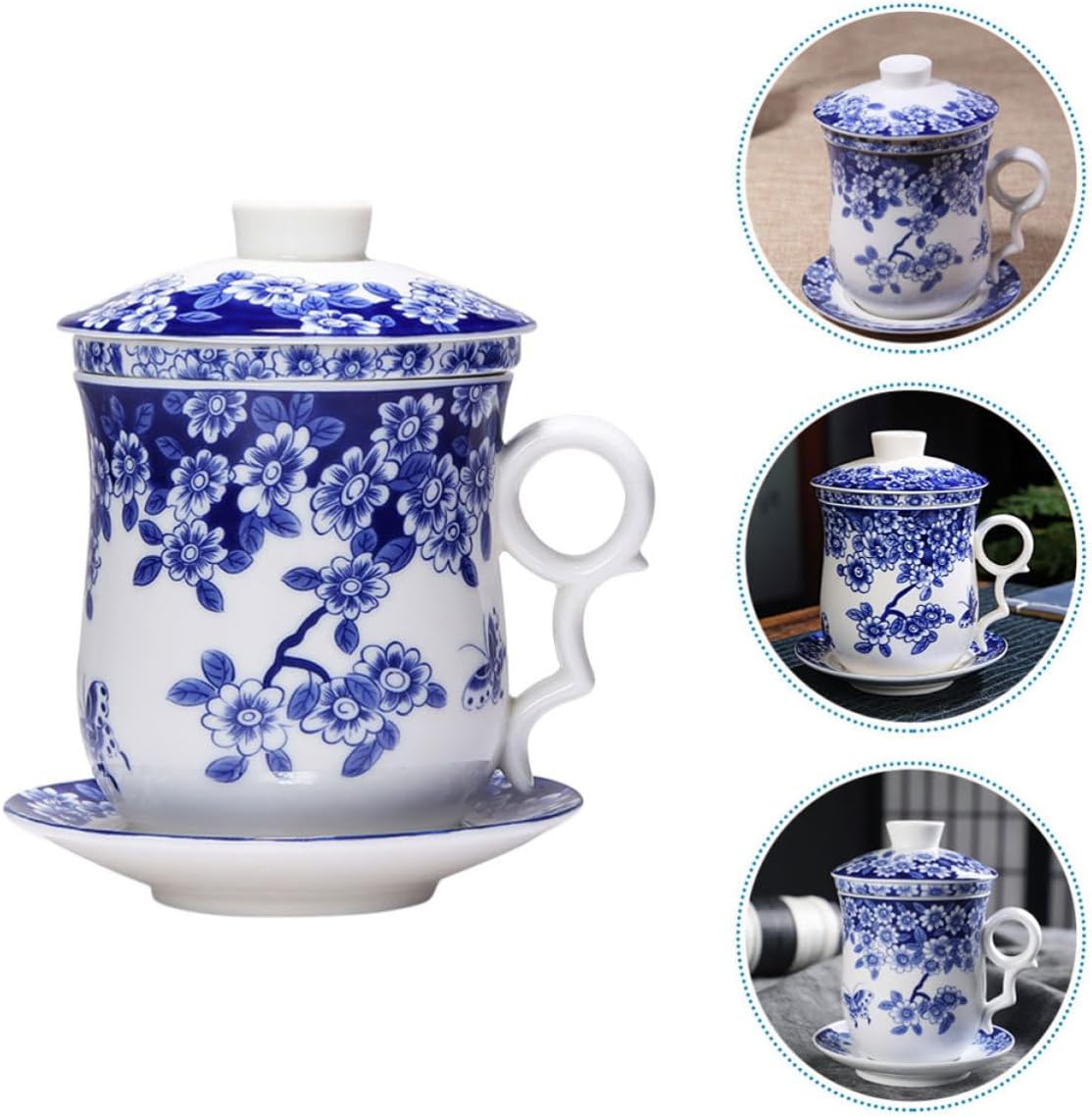 Blue Ceramic Tea Cup Set with Lid, Infuser, Saucer for Tea