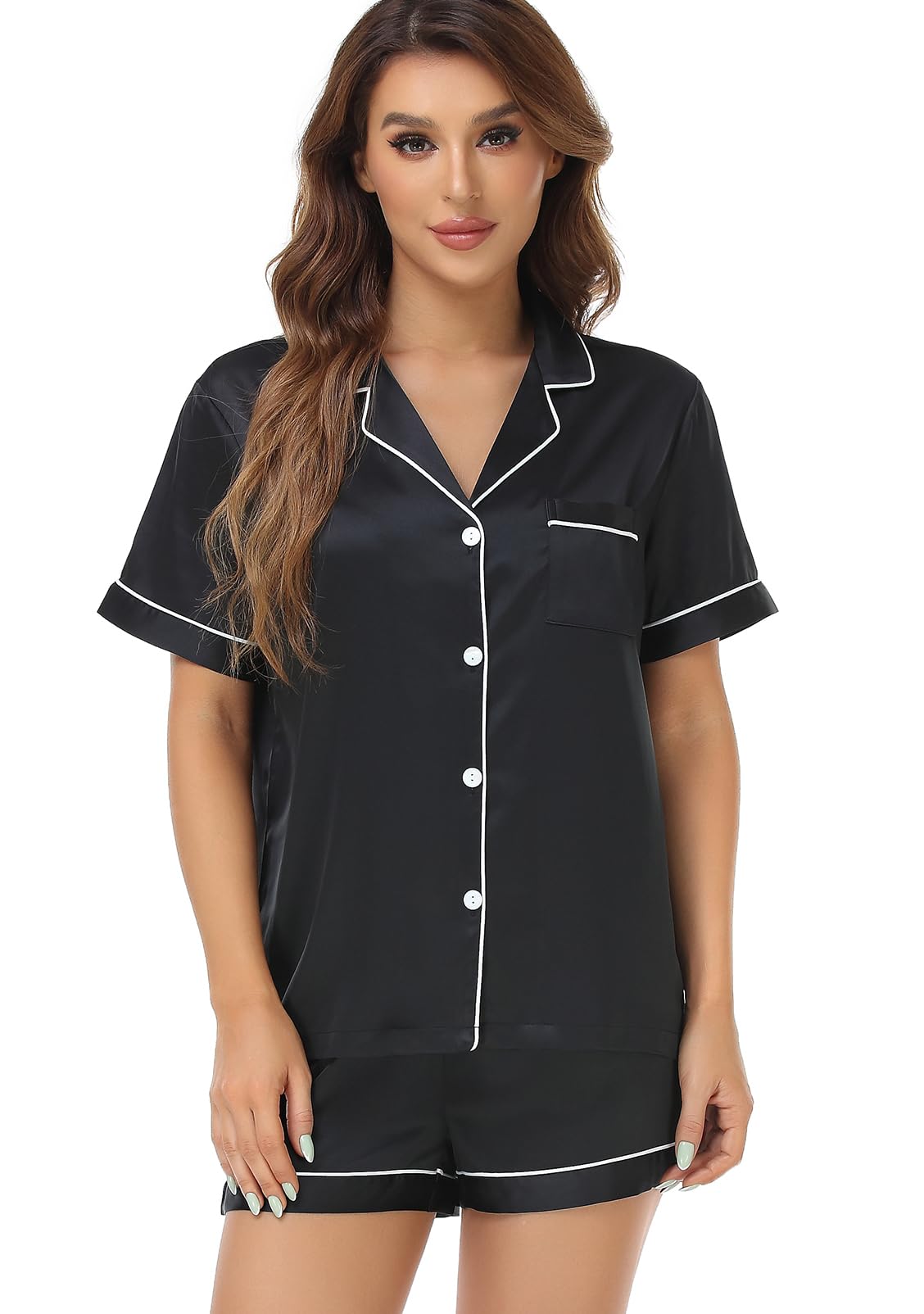 Serenedelicacy Women's Satin Pajama Set 2-Piece Sleepwear Loungewear Button Down Short Sleeve Silky PJ Set