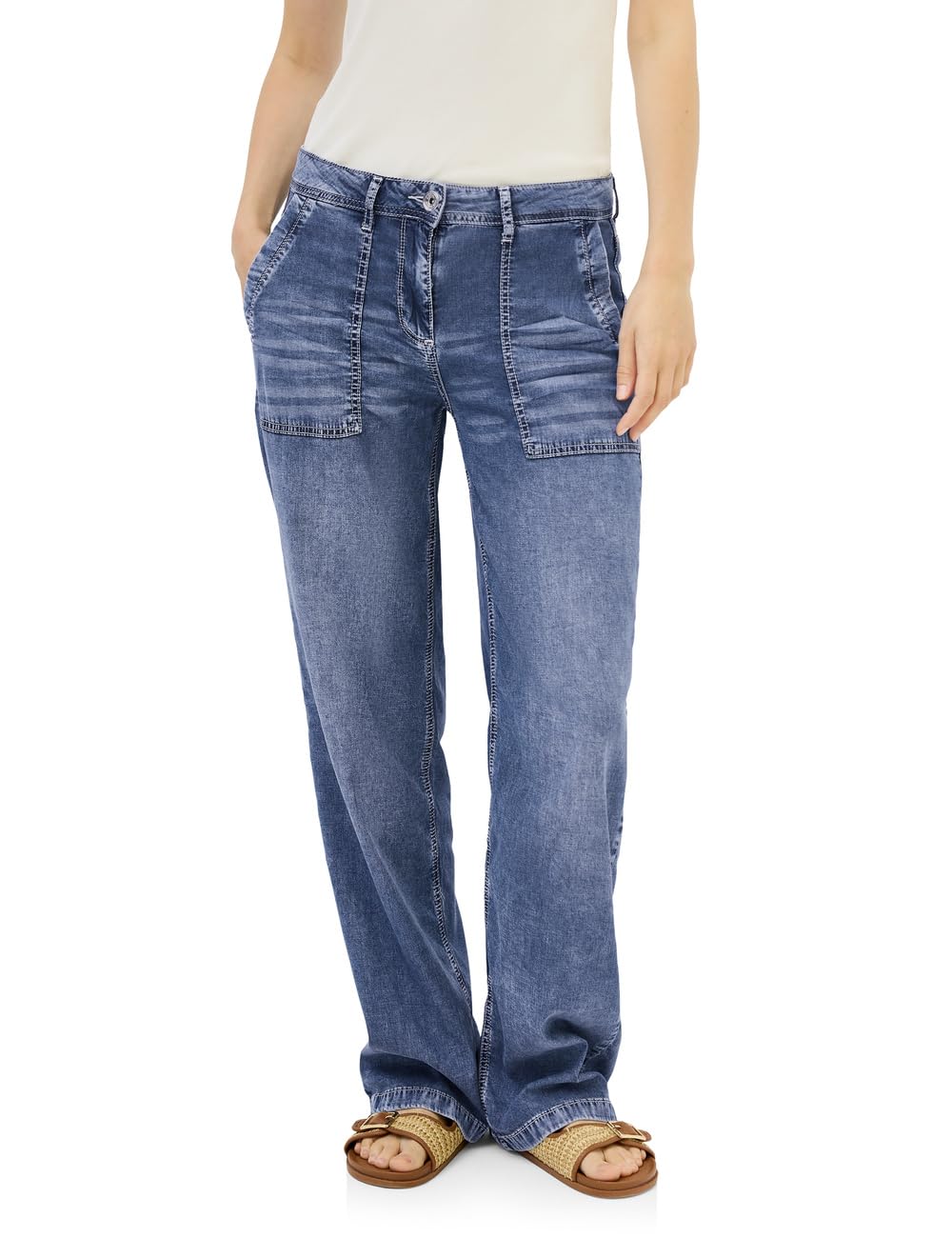 Cecil Women's B379409 Wide Leg Jeans, Mid Blue Used Wash, 30W x 30L