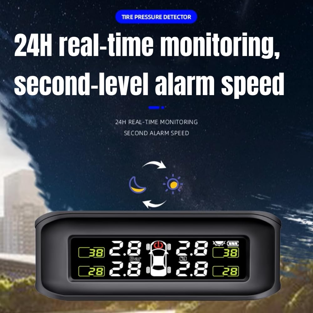 Wasserdichtes kabelloses Reifendruckkontrollsystem mit 4 Sensoren, externe Ventilalarmfunktion mit LCD-Display, TPMS Universal-Autodetektor
