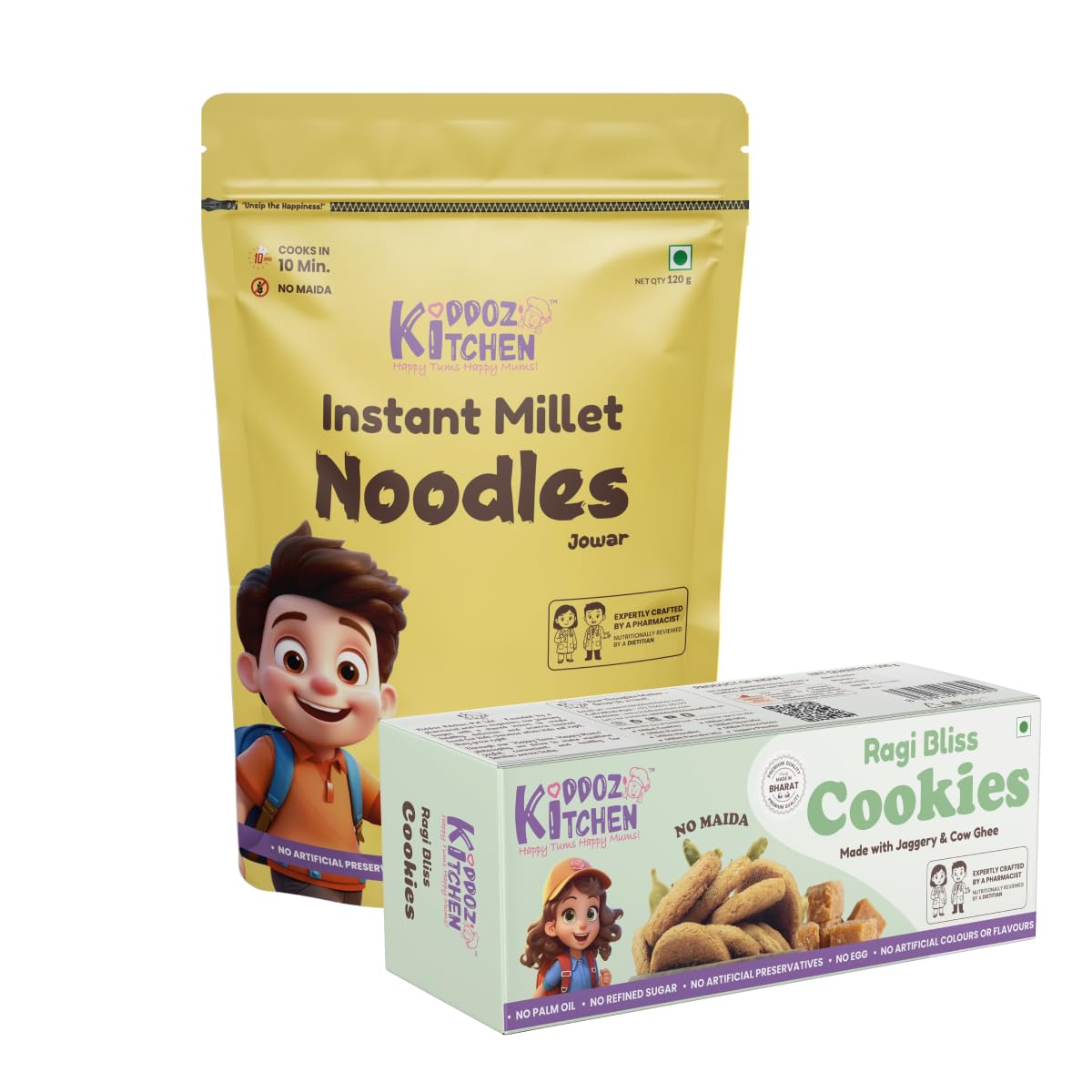Kiddoz Kitchen Combo – Instant Millet Noodles (Jowar) & Ragi Bliss Cookies | No Maida, No Refined Sugar | Healthy & Tasty Snack Pack of 2 for Kids & Family – 220g (120g + 100g)