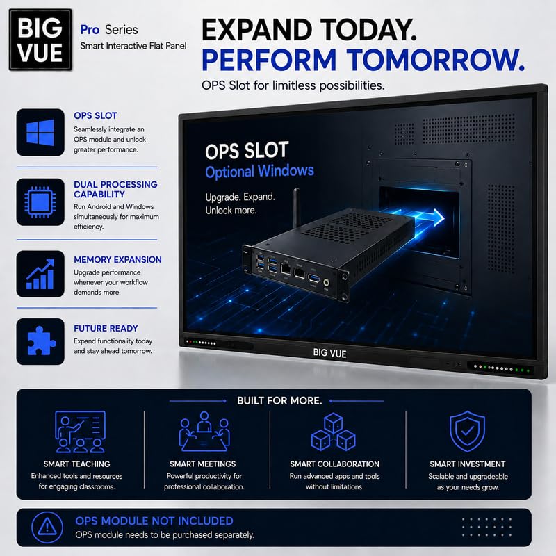 Image of BIG VUE Pro 75 inch Android 16 Interactive Television + Stand, 4K UHD Google EDLA + AI Enabled Flat Panel Digital Board, Ultra Octa-Core Processor, 48MP Camera, 8 /128 GB for Teaching & Office Use