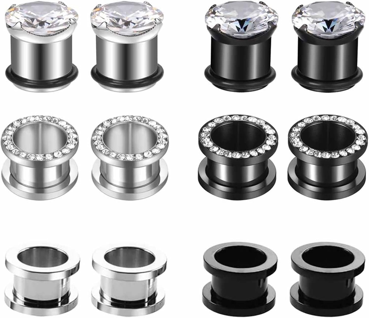 Daesar 12PCS Tunnel Gauges, Ear Gauges 00G 10mm Silver Black Hoop with Cubic Zirconia Stainless Steel Ear Plugs Piercing Jewelry
