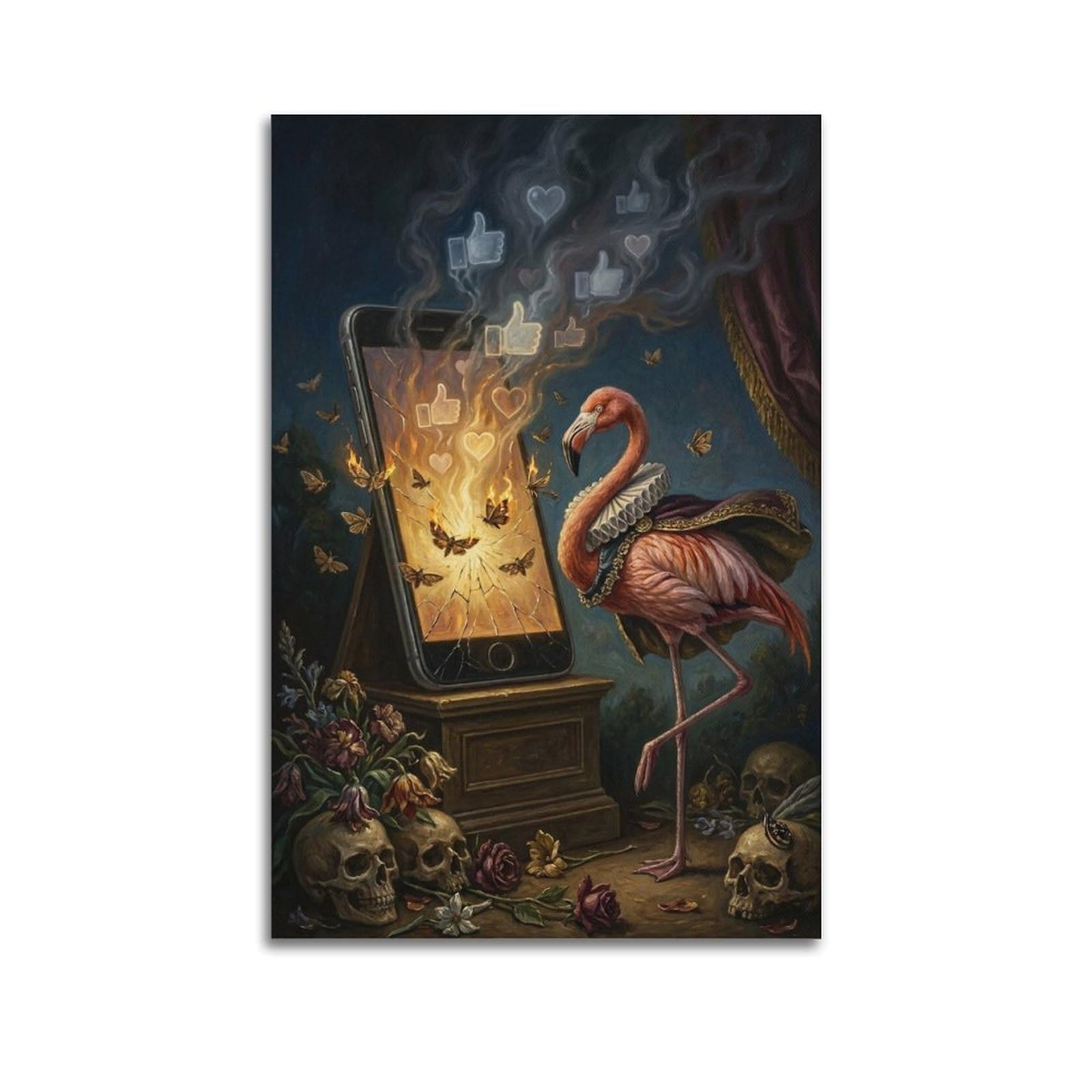 XKUGA Surreal Vintage Animal Poster Flamingo Burning Likes Satire Modern Decorative Canvas Prints - Ideal Wall Art for Family, Man Cave, Game Room, Boys & Girls Bedroom 20x30inch(50x75cm)
