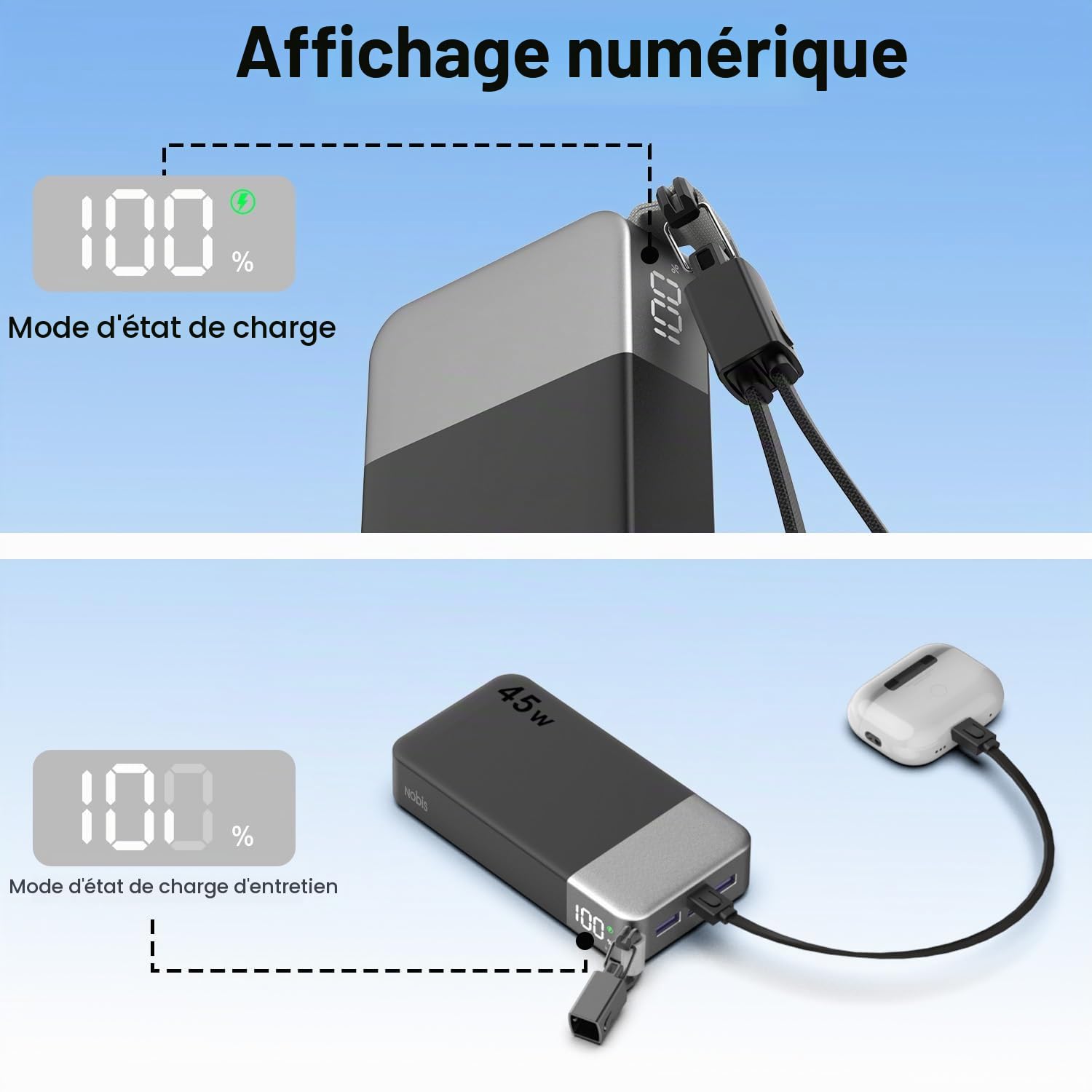 NOBIS Batterie Externe 20000mAh 45W Bidirectionnelle avec Câble Détachable