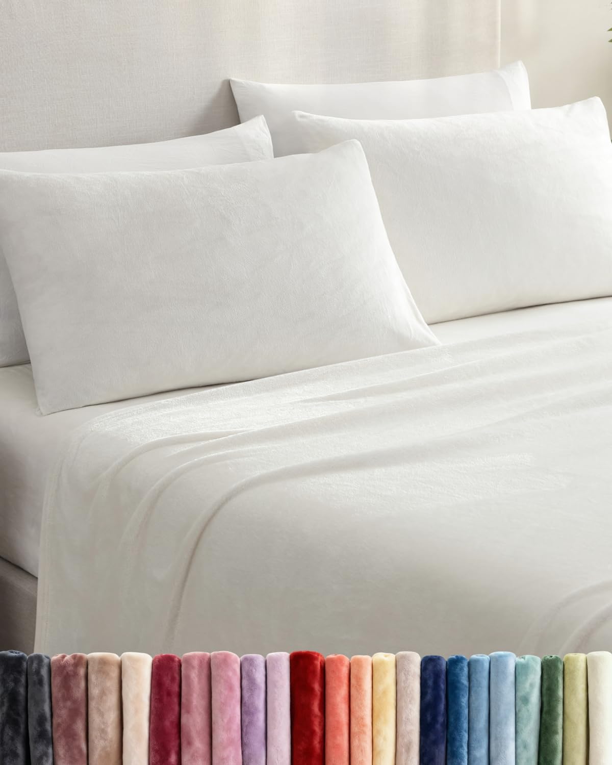 Fleece Sheets Queen Size Set - 4-Piece Velvet Flannel Sheet Set - Super Soft Fleece Bedding - 1 Flat & 1 Fitted and 2 Pillowcases - Cozy Warm, Comfy & Plush - Deep Pockets, Fuzzy & Anti-Static - Ivory